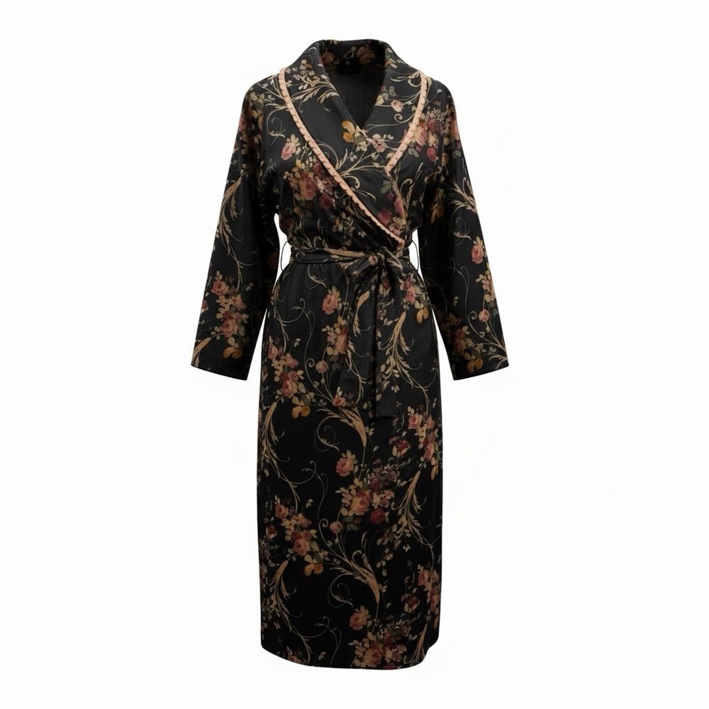 Vintage Aria Black‎ Velvet Floral Robe Duster Ruffle Women 8/10 Victorian Girly